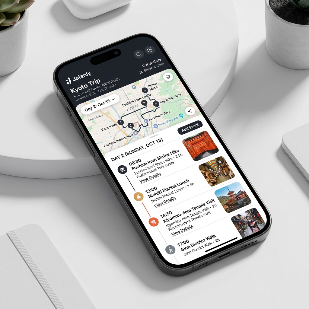 Jalanly App mockup showing map pins and activity choices
